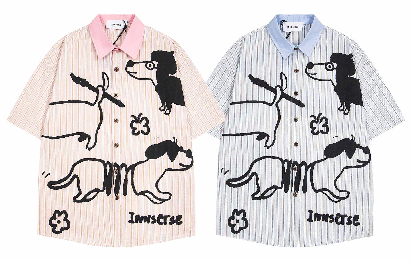 𝕃oose 𝔽it ☞𝟤𝟢𝟤𝟧 ☜美式復古可愛小狗圖短袖條紋寬鬆襯衫 	 IN-114