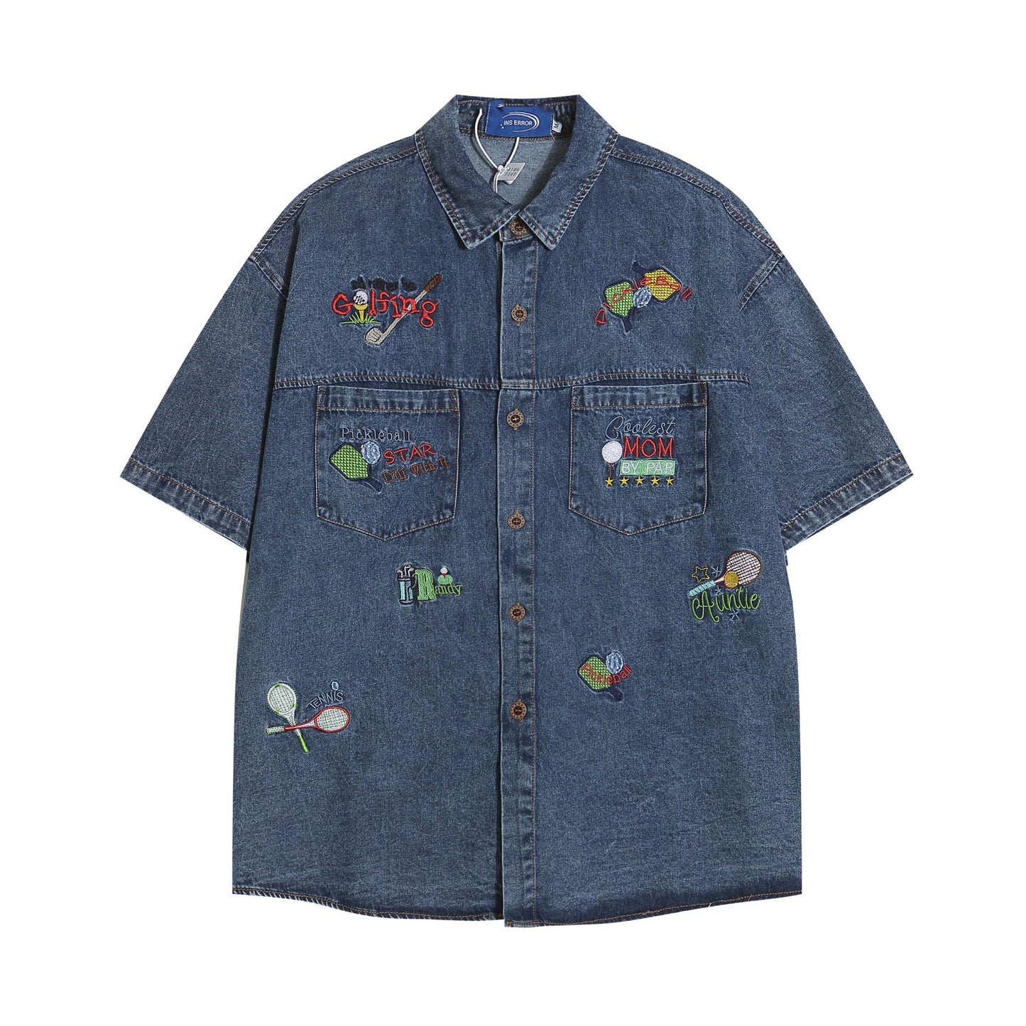 𝔼mbro 𝕊hirt𒉽美式復古重工藝刺繡牛仔寬鬆短袖襯衫外套
