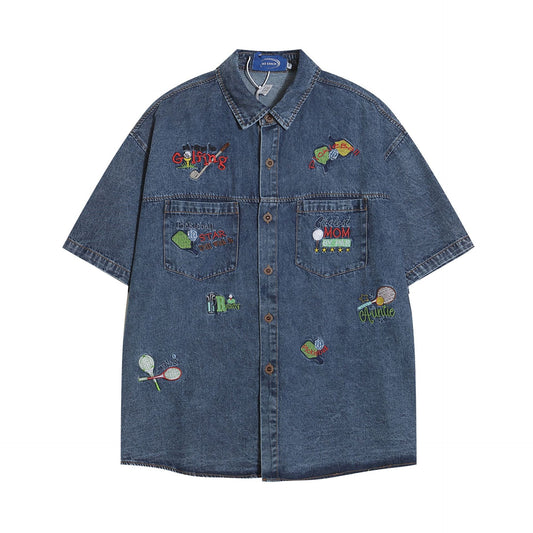 𝔼mbro 𝕊hirt𒉽美式復古重工藝刺繡牛仔寬鬆短袖襯衫外套