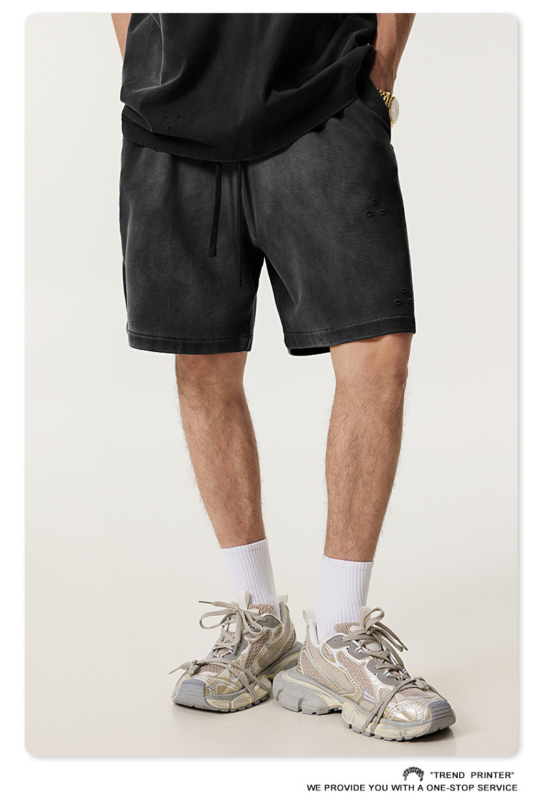 ♛𝔽𝕦𝕤𝕚𝕠𝕟 𝔽𝕠𝕔𝕦𝕤 ♛2025夏季復古重磅蠟染休閒運動五分褲 K-03