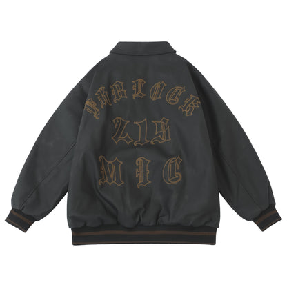 𝔽𝕦𝕤𝕚𝕠𝕟 𝔽𝕠𝕔𝕦𝕤 -ᴄʜɪᴄᴀɴᴏ♠︎悍匪♠︎  美式vitage復古花體字刺绣棉服加厚重磅oversize皮衣外套 W901