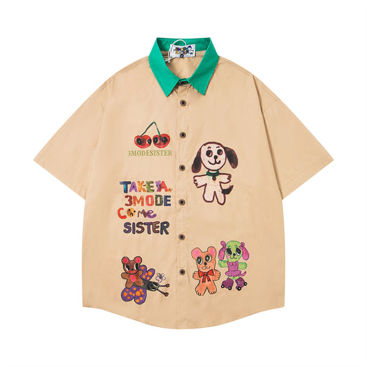 𝕃oose 𝔽it ☞𝟤𝟢𝟤𝟧 ☜美式復古撞色動物塗鴉印花休閒百搭短袖襯衫	 MO-380