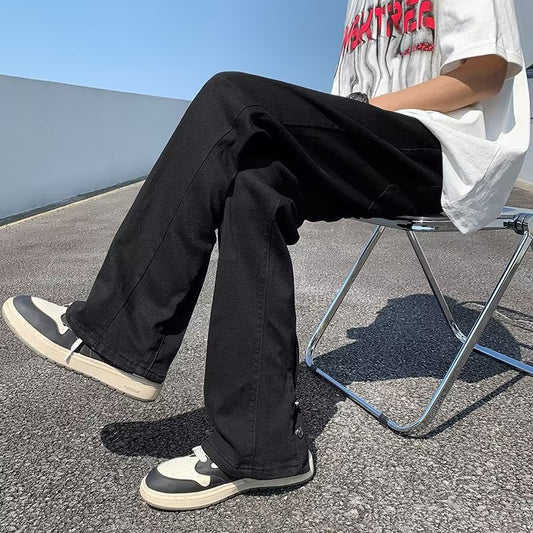 ♜  𝔽𝕦𝕤𝕚𝕠𝕟 𝔽𝕠𝕔𝕦𝕤  𖥟 𝖏𝖊𝖆𝖓𝖘  ☞牛仔褲夏季新款潮流ins時尚簡約扭扣設計寬鬆直筒長褲 D-109