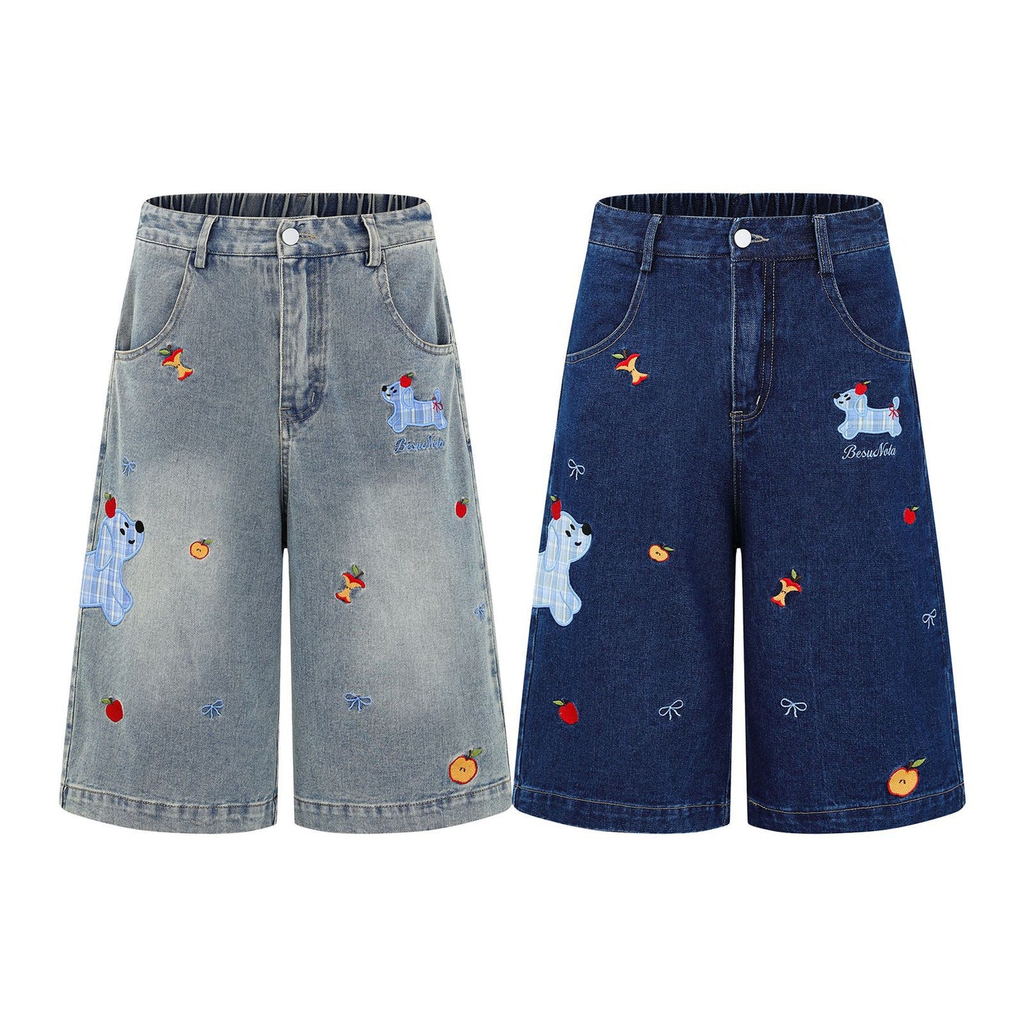 𖥟𝕽𝖊𝖑𝖆𝖝𝖊𝖉 𝖋𝖎𝖙  ☞美式復古小狗刺繡牛仔七分褲C-2