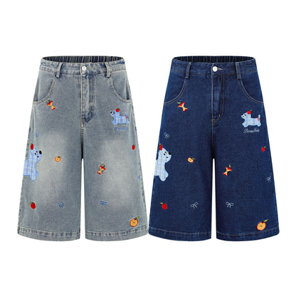 𖥟𝕽𝖊𝖑𝖆𝖝𝖊𝖉 𝖋𝖎𝖙  ☞美式復古小狗刺繡牛仔七分褲C-2