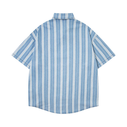 𝔼mbro 𝕊hirt𒉽美式復古可愛刺繡短袖寬鬆襯衫外套O-74