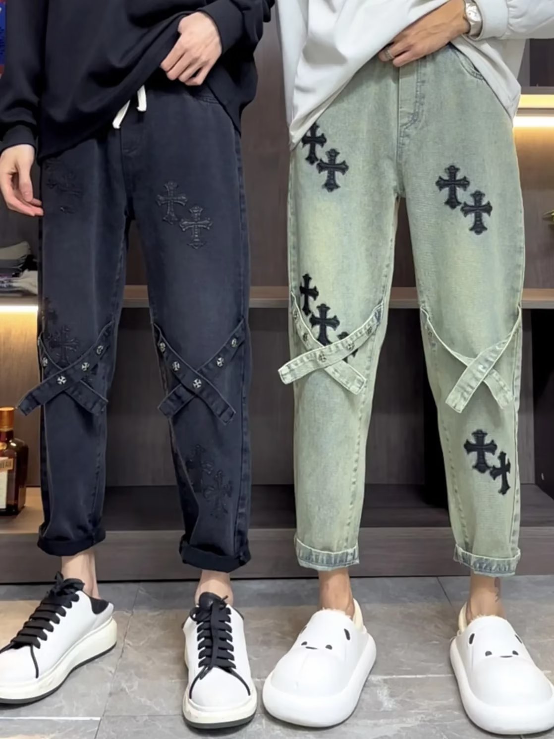 ♜  𝔽𝕦𝕤𝕚𝕠𝕟 𝔽𝕠𝕔𝕦𝕤  𖥟 𝖏𝖊𝖆𝖓𝖘  ☞  美式十字架牛仔褲男女春秋四季潮流寬鬆直筒高街潮牌闊腿長褲 B-01