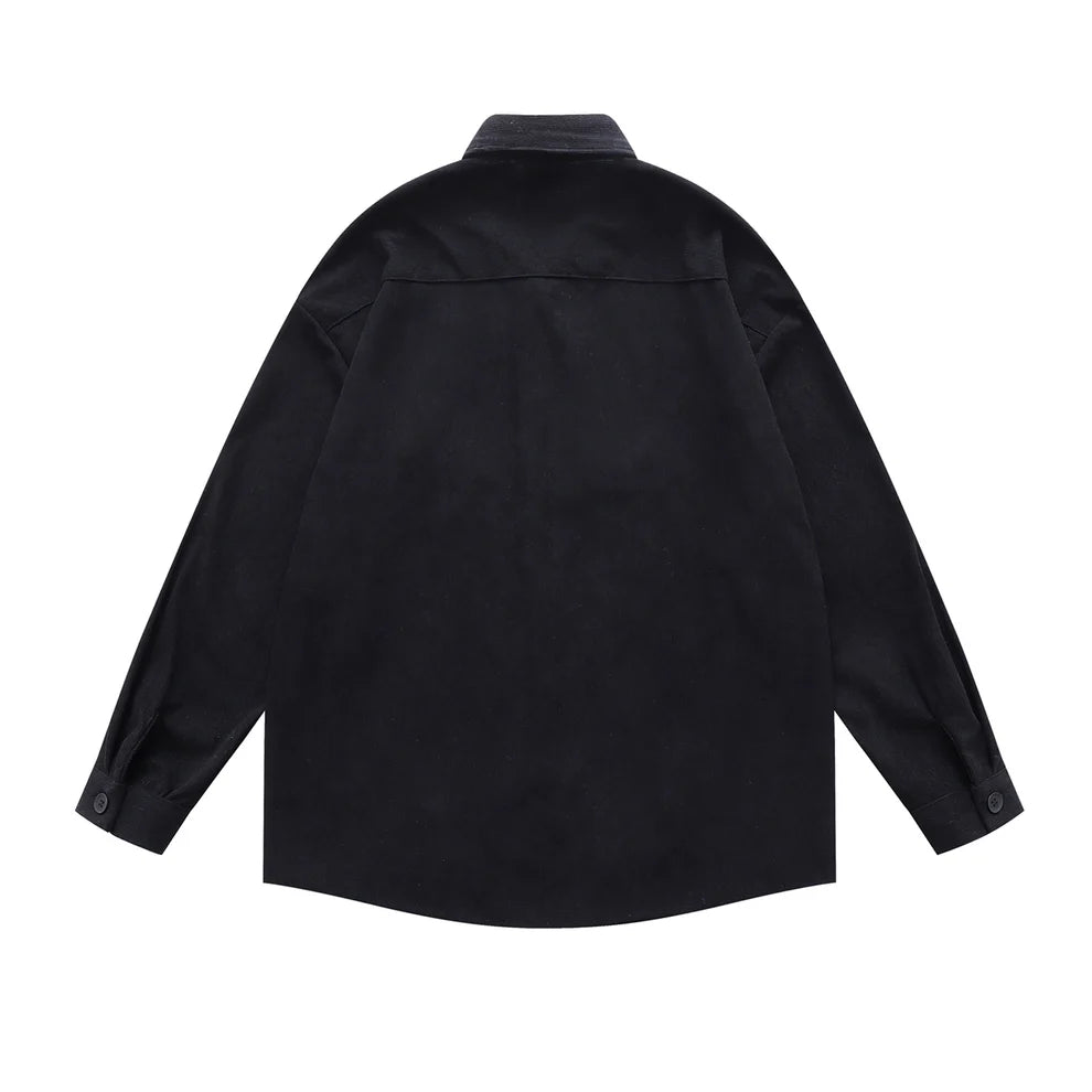 𝔼mbro 𝕊hirt𒉽日式可愛貓咪刺繡設計感燈芯絨寬鬆襯衫外套(黑色)