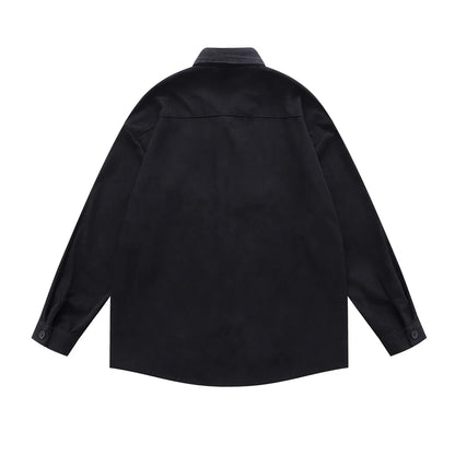 𝔼mbro 𝕊hirt𒉽日式可愛貓咪刺繡設計感燈芯絨寬鬆襯衫外套(黑色)