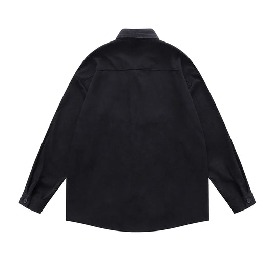 𝔼mbro 𝕊hirt𒉽日式可愛貓咪刺繡設計感燈芯絨寬鬆襯衫外套(黑色)