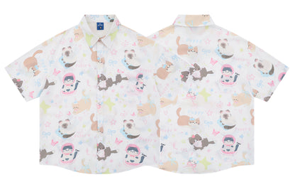 𝕃oose 𝔽it ☞𝟤𝟢𝟤𝟧 ☜日式復古可愛貓咪滿印百搭休閒寬鬆襯衫  YJ-3