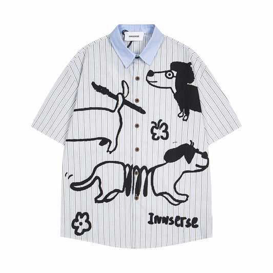𝕃oose 𝔽it ☞𝟤𝟢𝟤𝟧 ☜美式復古可愛小狗圖短袖條紋寬鬆襯衫 	 IN-114