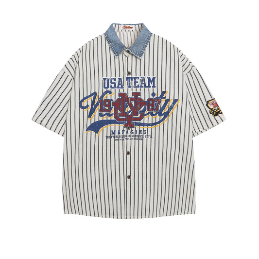 𝕃oose 𝔽it ☞𝟤𝟢𝟤𝟧 ☜美式復古USA TEAM字母印花條紋短袖襯衫  IN-97