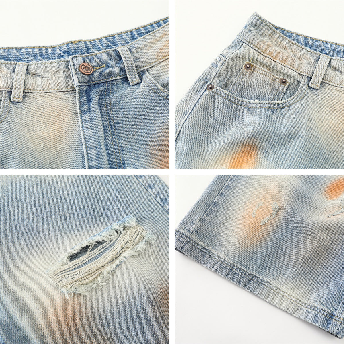 𖥟𝕽𝖊𝖑𝖆𝖝𝖊𝖉 𝖋𝖎𝖙  ☞美式復古設計感渲染牛仔七分褲B-02