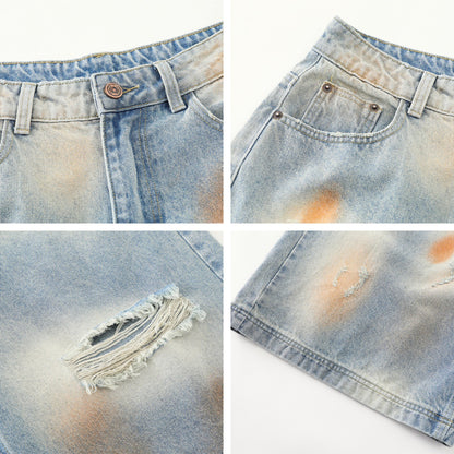 𖥟𝕽𝖊𝖑𝖆𝖝𝖊𝖉 𝖋𝖎𝖙  ☞美式復古設計感渲染牛仔七分褲B-02