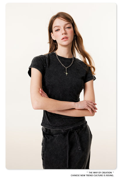 Fierce & Fitted 夏季辣妹必備INS緊身短款上衣 收腰直筒長裙套裝N-7 復古黑