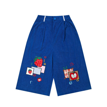 𖥟𝕽𝖊𝖑𝖆𝖝𝖊𝖉 𝖋𝖎𝖙  ☞美式復古卡通刺繡燈芯絨七分褲M-20