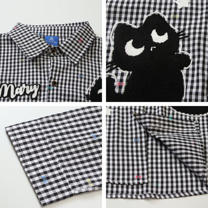 𝔼mbro 𝕊hirt𒉽2025秋冬卡通小貓刺繡寬鬆襯衫外套 C-27