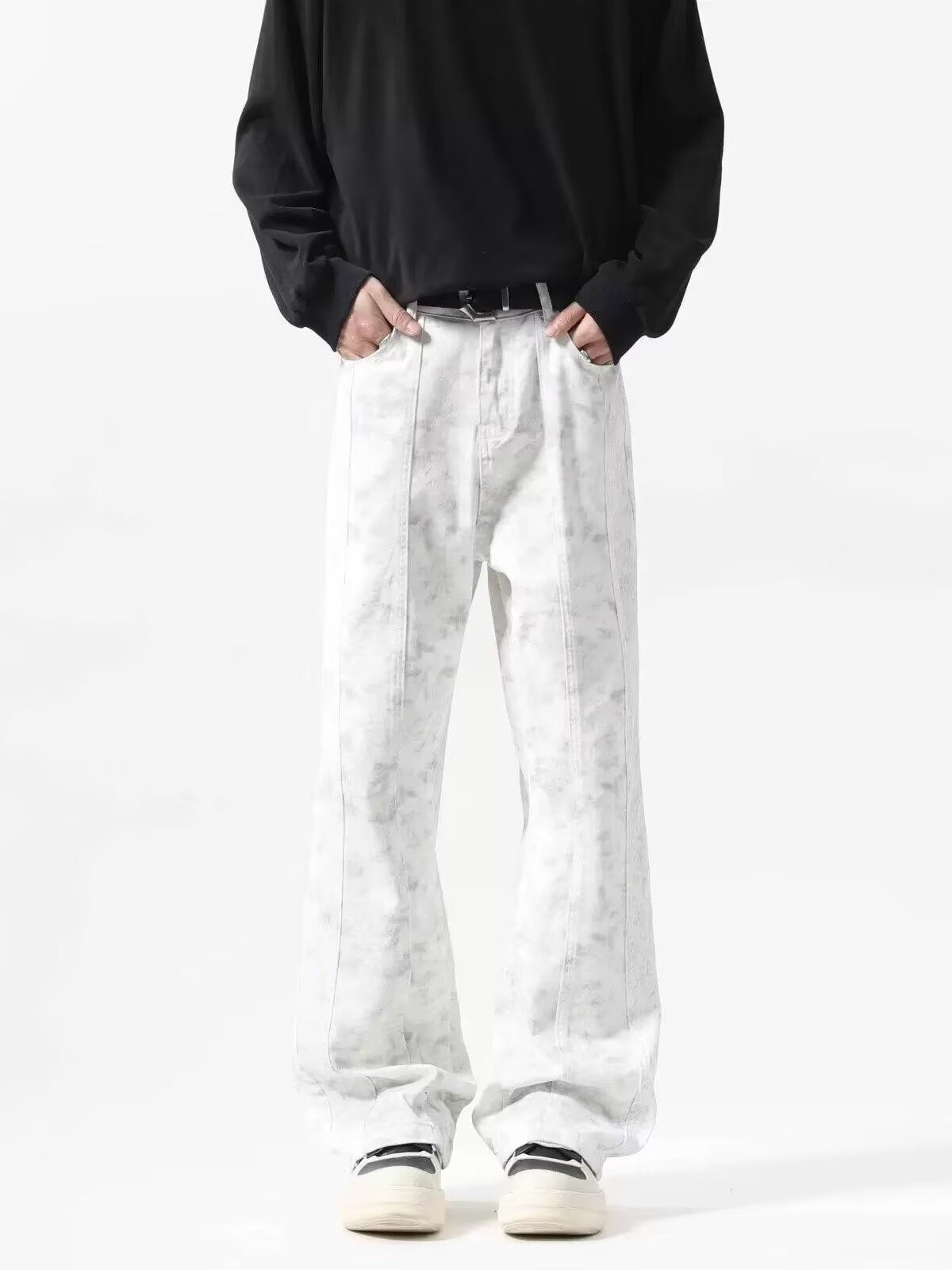 ♜  𝔽𝕦𝕤𝕚𝕠𝕟 𝔽𝕠𝕔𝕦𝕤  𖥟 𝖏𝖊𝖆𝖓𝖘  ☞ 高街扎染牛仔褲男女休閒半鬆緊小眾紹繼髒髒微喇叭牛仔長褲 B-25