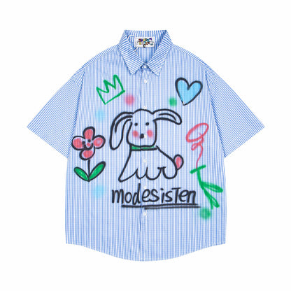 𝕃oose 𝔽it ☞𝟤𝟢𝟤𝟧 ☜美式復古小狗塗鴉印花休閒百搭短袖襯衫	 MO-64