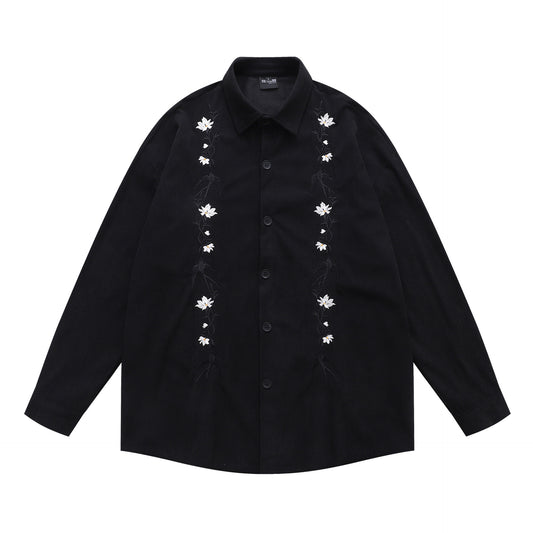 𝔼mbro 𝕊hirt𒉽2025秋冬復古花卉刺繡燈芯絨襯衫外套D-85