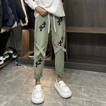 ♜  𝔽𝕦𝕤𝕚𝕠𝕟 𝔽𝕠𝕔𝕦𝕤  𖥟 𝖏𝖊𝖆𝖓𝖘  ☞  美式十字架牛仔褲男女春秋四季潮流寬鬆直筒高街潮牌闊腿長褲 B-01