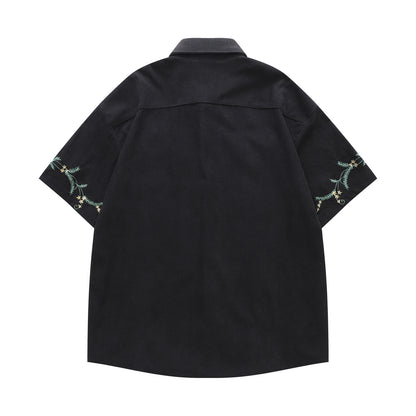 𝔼mbro 𝕊hirt𒉽美式復古花卉刺繡燈芯絨短袖寬鬆襯衫Y-7