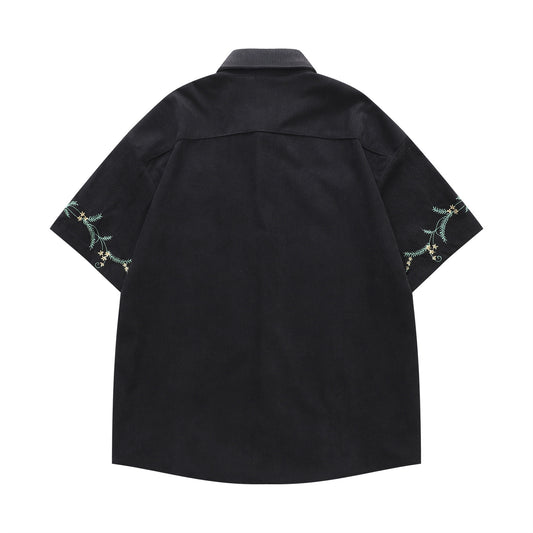 𝔼mbro 𝕊hirt𒉽美式復古花卉刺繡燈芯絨短袖寬鬆襯衫Y-7