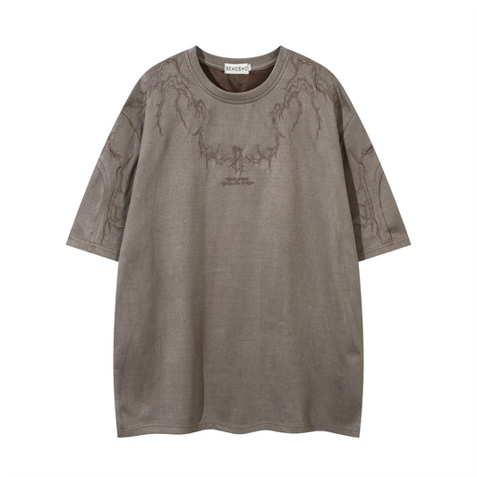 𝕃oose 𝔽it ☞𝟤𝟢𝟤𝟧 ☜美式復古設計感領口荊棘風格男女中性 T-Shirt寬版上衣 JK657