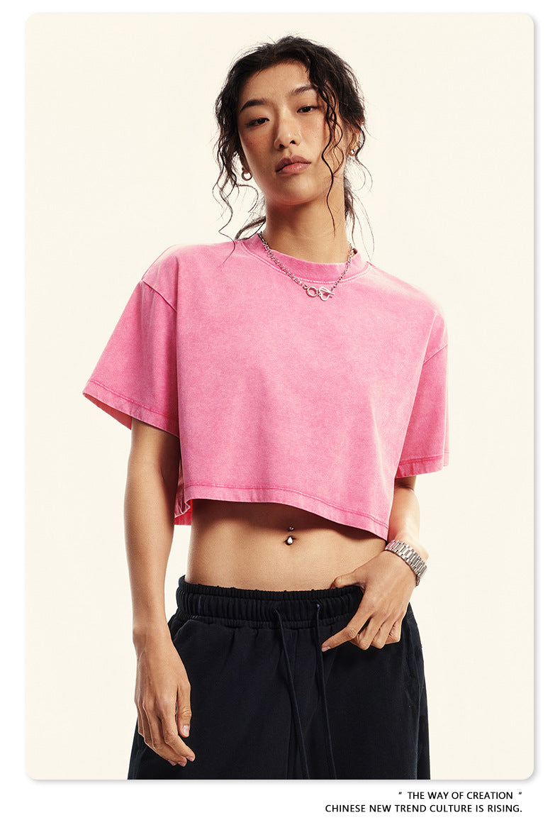 Fierce & Fitted 夏季美式復古做舊辣妹短款T袖N-7 水洗玫紅