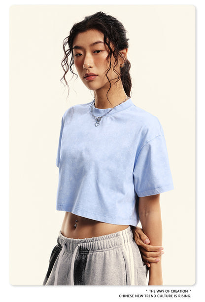 Fierce & Fitted 夏季美式復古做舊辣妹短款T袖N-7 水洗天空藍