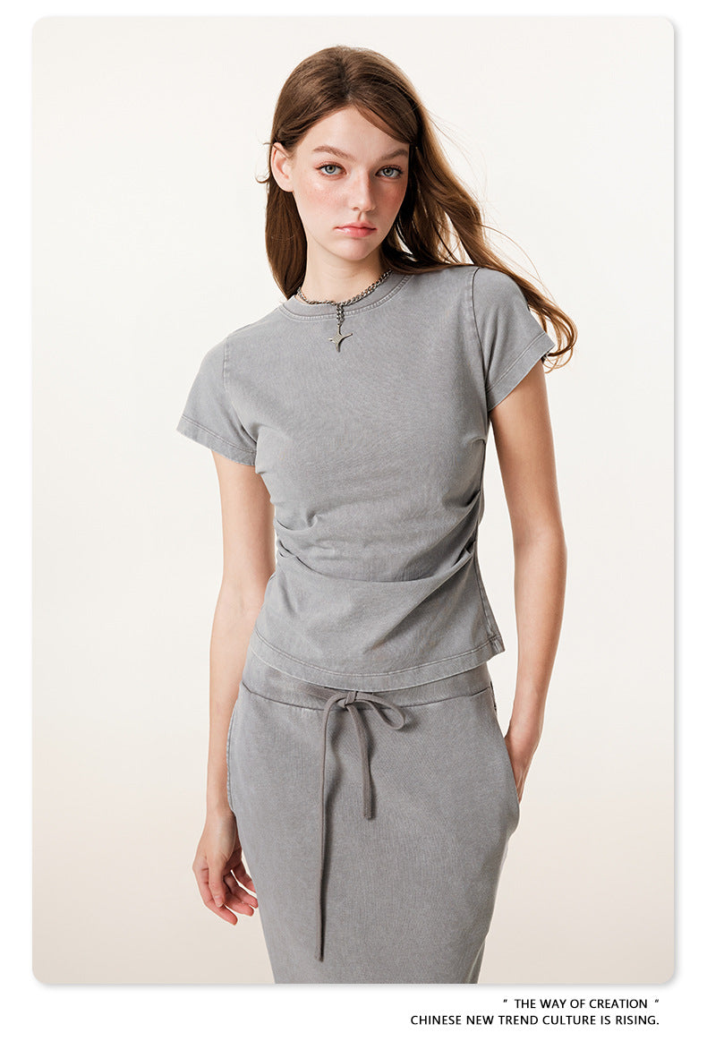 Fierce & Fitted 夏季辣妹必備INS緊身短款上衣 收腰直筒長裙套裝N-7 淺灰色