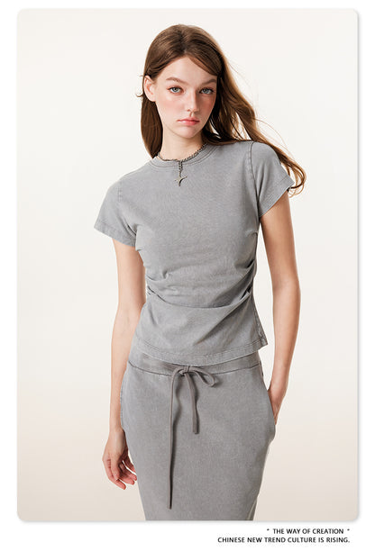 Fierce & Fitted 夏季辣妹必備INS緊身短款上衣 收腰直筒長裙套裝N-7 淺灰色