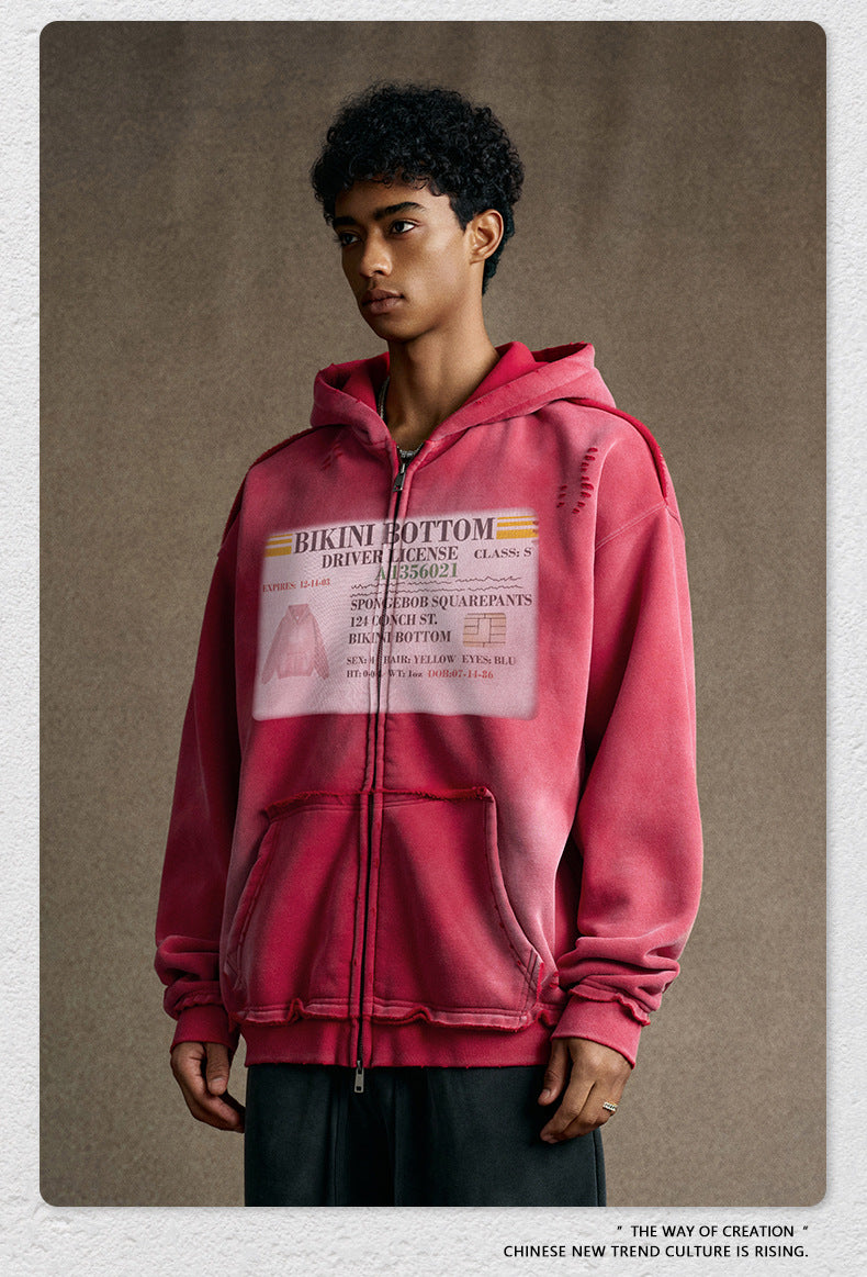 snɔoɟ uoı̣snɟ -  2025秋冬美式潮牌做舊水洗印花連帽開衫拉鏈外套  Ｅ-761