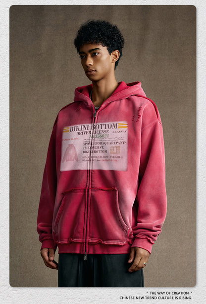 snɔoɟ uoı̣snɟ -  2025秋冬美式潮牌做舊水洗印花連帽開衫拉鏈外套  Ｅ-761