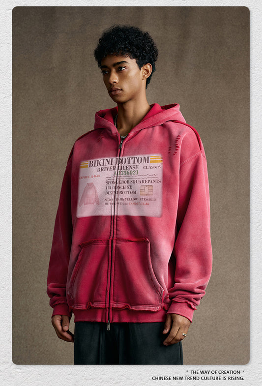 snɔoɟ uoı̣snɟ -  2025秋冬美式潮牌做舊水洗印花連帽開衫拉鏈外套  Ｅ-761