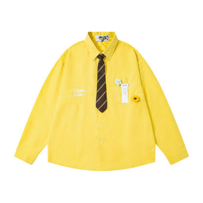 𝔼mbro 𝕊hirt𒉽2025秋冬領帶系列刺繡小花寬鬆襯衫M-369-1