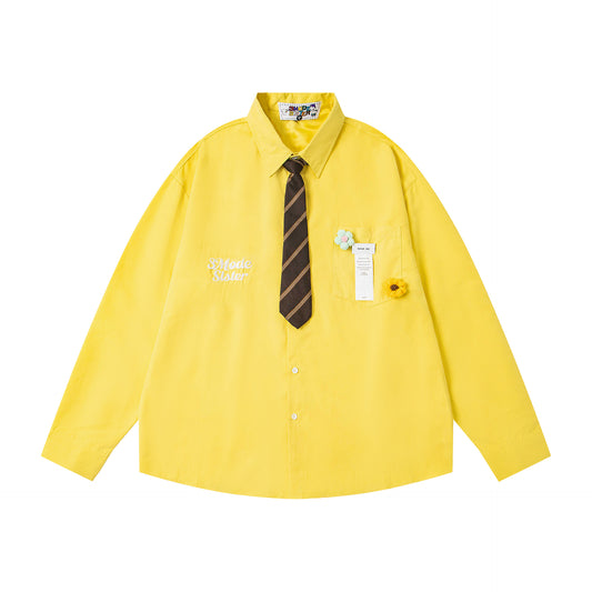 𝔼mbro 𝕊hirt𒉽2025秋冬領帶系列刺繡小花寬鬆襯衫M-369-1