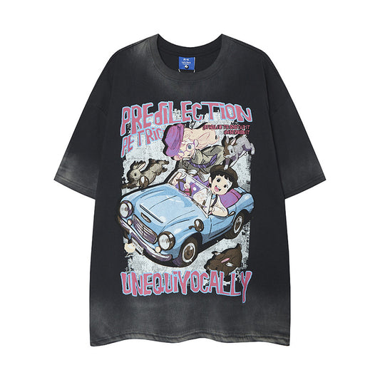 𝕃oose 𝔽it ☞𝟤𝟢𝟤𝟧 ☜美式復古渲染系列卡通印花男女中性 T-Shirt寬版上衣 RK-810