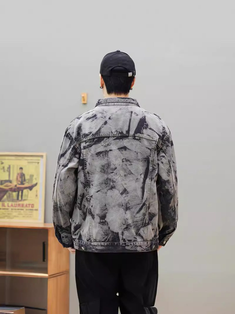 snɔoɟ uoı̣snɟ  -  美式vibe風水洗做舊紮染牛仔夾克男女高街痞帥寬鬆外套 Bc-004