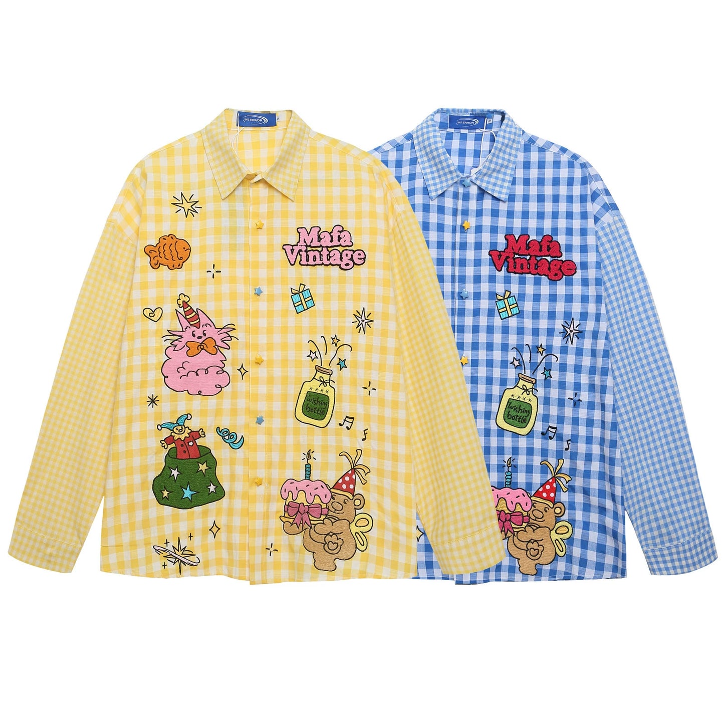 𝔼mbro 𝕊hirt𒉽2025秋冬可愛圖案刺繡格子襯衫S-36