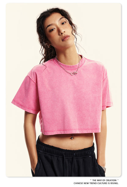 Fierce & Fitted 夏季美式復古做舊辣妹短款T袖N-7 水洗玫紅