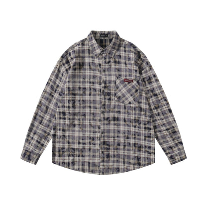 𝔼mbro 𝕊hirt𒉽2025秋冬復古扎染格子寬鬆襯衫外套JD-4