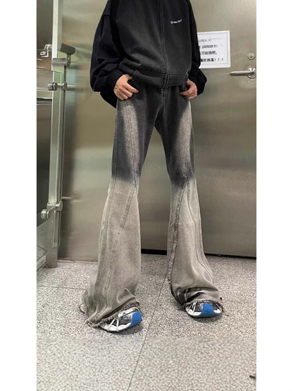 ♜  𝔽𝕦𝕤𝕚𝕠𝕟 𝔽𝕠𝕔𝕦𝕤  𖥟 𝖏𝖊𝖆𝖓𝖘  ☞  美式高街黑灰漸變牛仔褲潮牌春秋高級感拼接寬鬆微喇叭高街拖地長褲 B-22