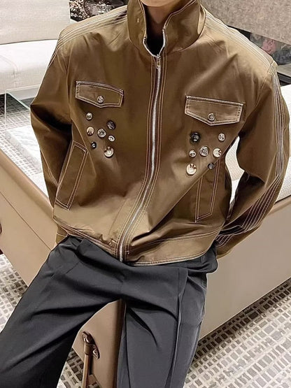 snɔoɟ uoı̣snɟ -  美式夾克男女中性風不規則設計感纽扣裝飾百搭寬鬆情侣休閒短外套 Bc-002