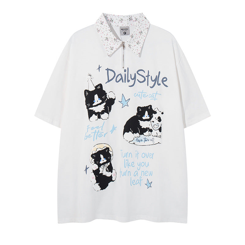 Polo Shirt𒉽美式復古貓咪印花翻領半拉鍊POLO衫 DA-7