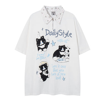 Polo Shirt𒉽美式復古貓咪印花翻領半拉鍊POLO衫 DA-7