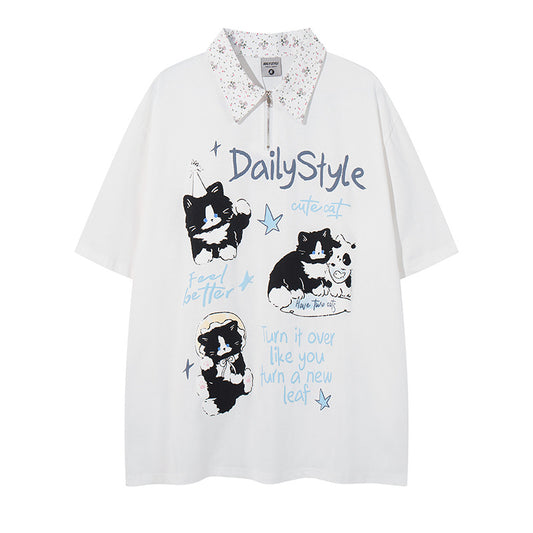 Polo Shirt𒉽美式復古貓咪印花翻領半拉鍊POLO衫 DA-7