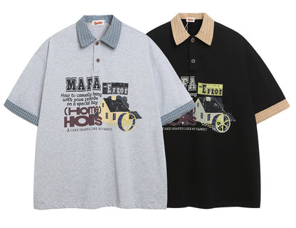Polo Shirt𒉽美式復古印花拼接假兩件翻領POLO衫I-37