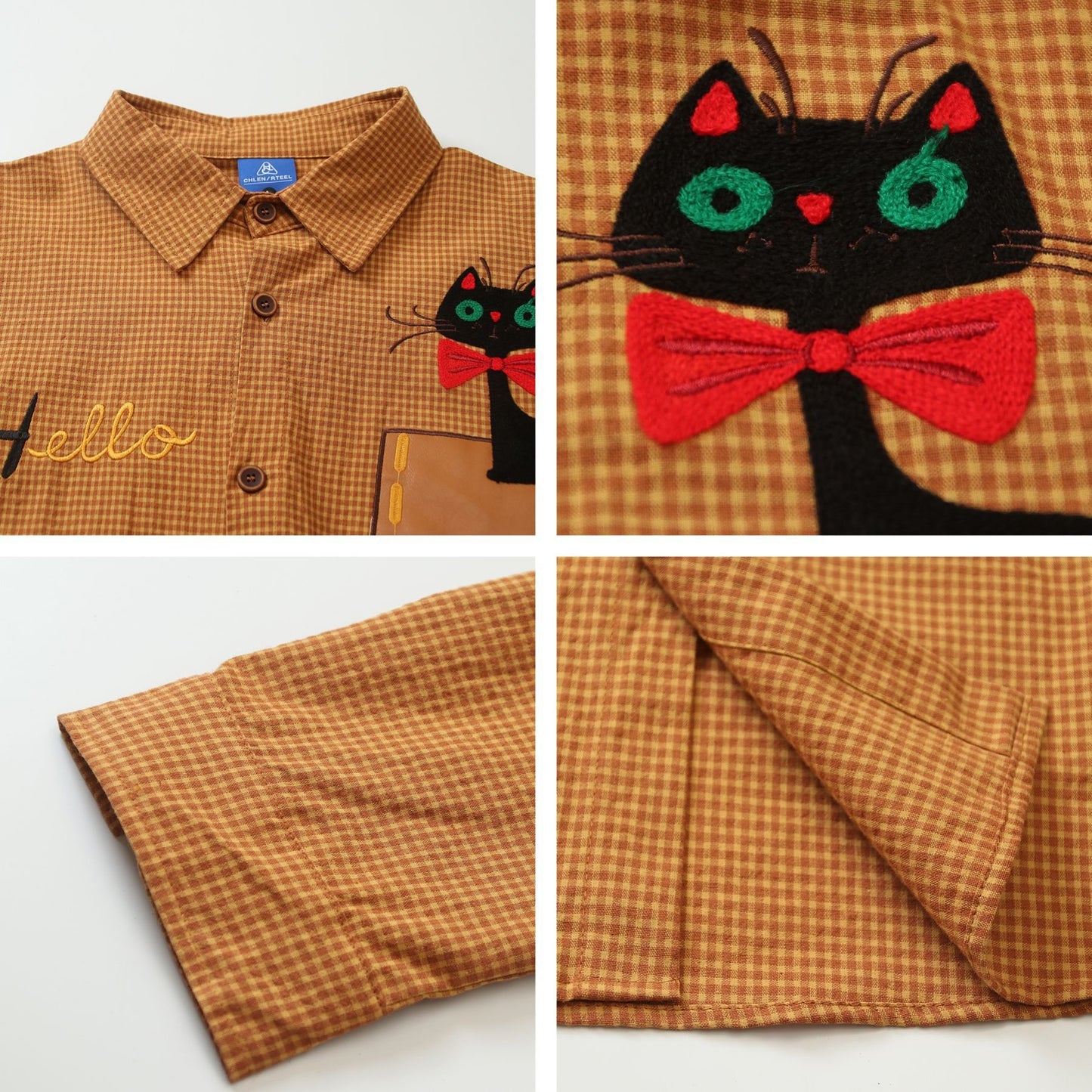 𝔼mbro 𝕊hirt𒉽2025秋冬卡通小貓刺繡寬鬆襯衫外套C-00